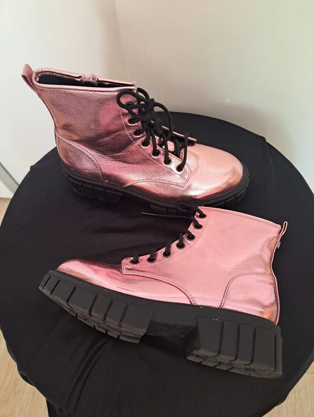 Metallic Pink Lace-Up Combat Boots with Chunky Black Sole